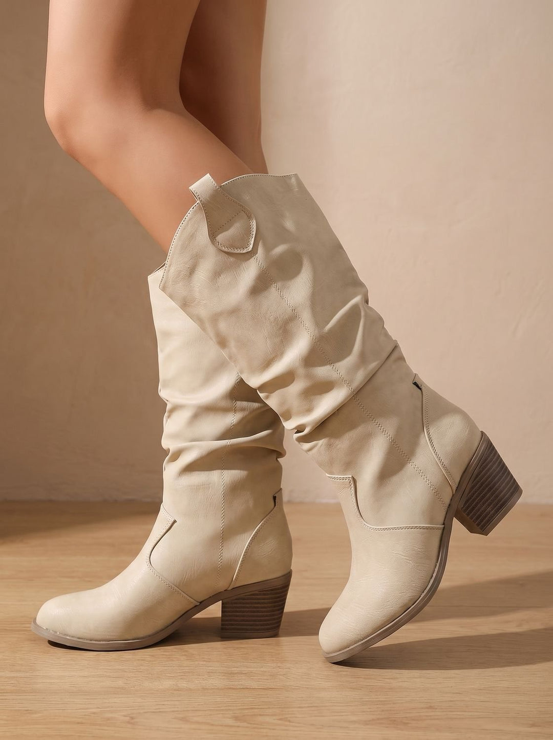 Women's Wide-Calf Flat-Heel Pull-On Western Knee-High Boots - Beige