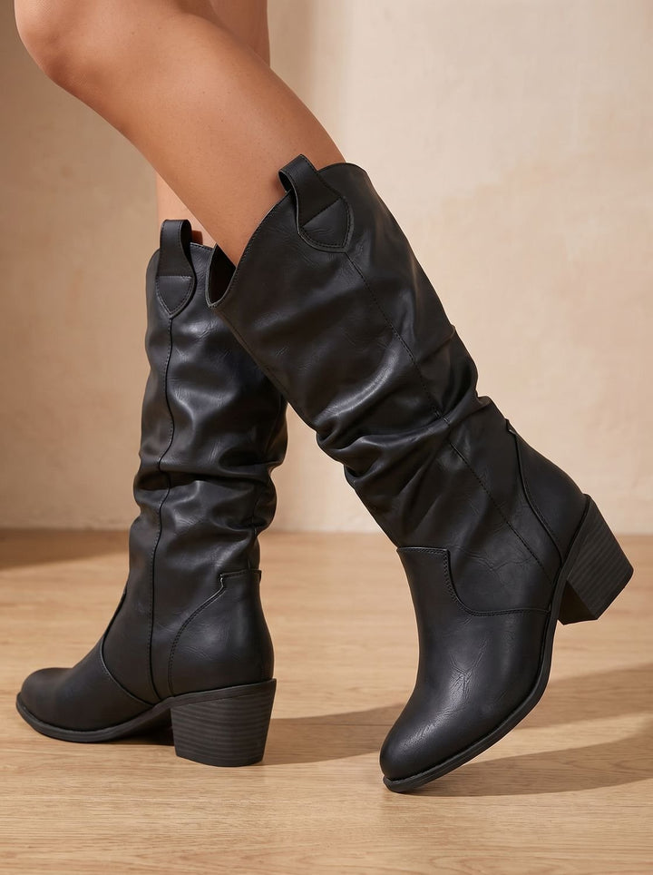 Women's Wide-Calf Flat-Heel Pull-On Western Knee-High Boots - Black