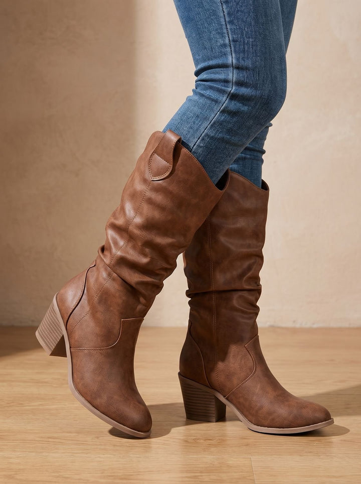 Women's Wide-Calf Flat-Heel Pull-On Western Knee-High Boots