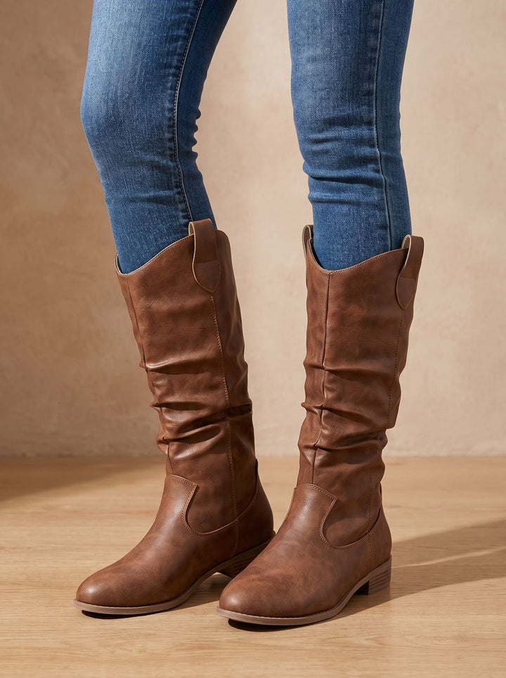 Women's Wide-Calf Flat-Heel Pull-On Western Knee-High Boots