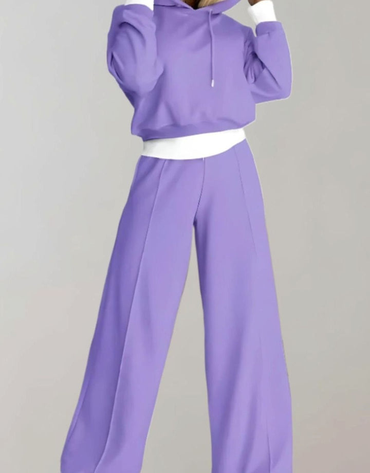 Women's Wide-Leg Drawstring Tracksuit Pants Two-Piece Hoodie Set - Purple