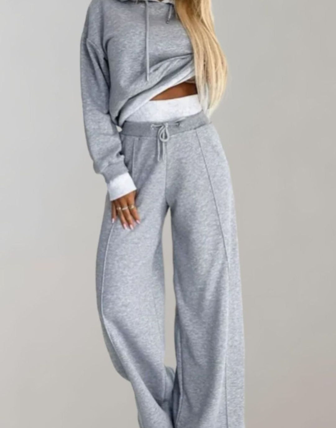 Women's Wide-Leg Drawstring Tracksuit Pants Two-Piece Hoodie Set - Gray