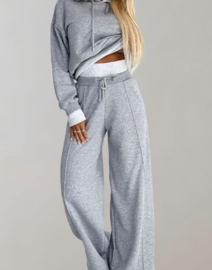 Women's Wide-Leg Drawstring Tracksuit Pants Two-Piece Hoodie Set - Gray