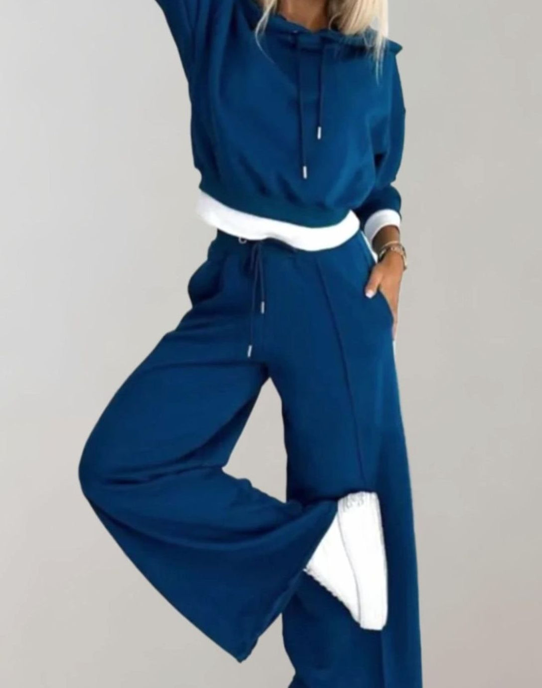 Women's Wide-Leg Drawstring Tracksuit Pants Two-Piece Hoodie Set - Blue
