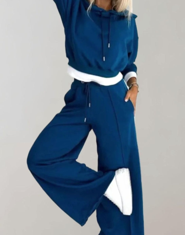 Women's Wide-Leg Drawstring Tracksuit Pants Two-Piece Hoodie Set - Blue