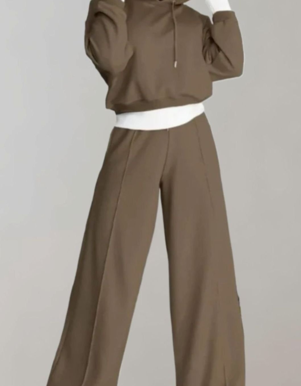 Women's Wide-Leg Drawstring Tracksuit Pants Two-Piece Hoodie Set - Brown