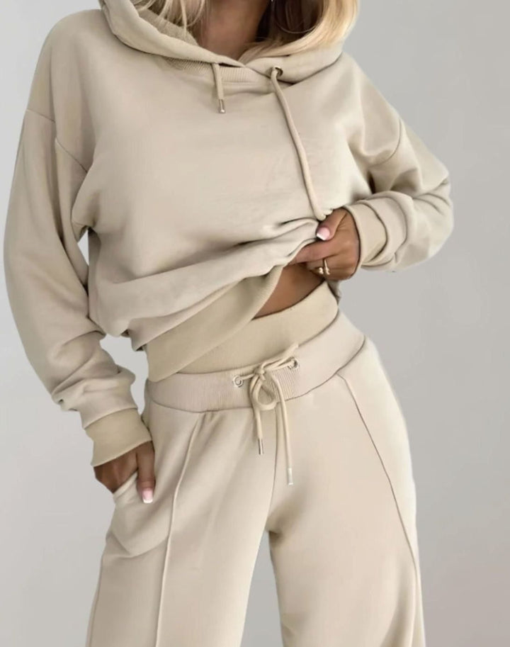 Women's Wide-Leg Drawstring Tracksuit Pants Two-Piece Hoodie Set - Beige