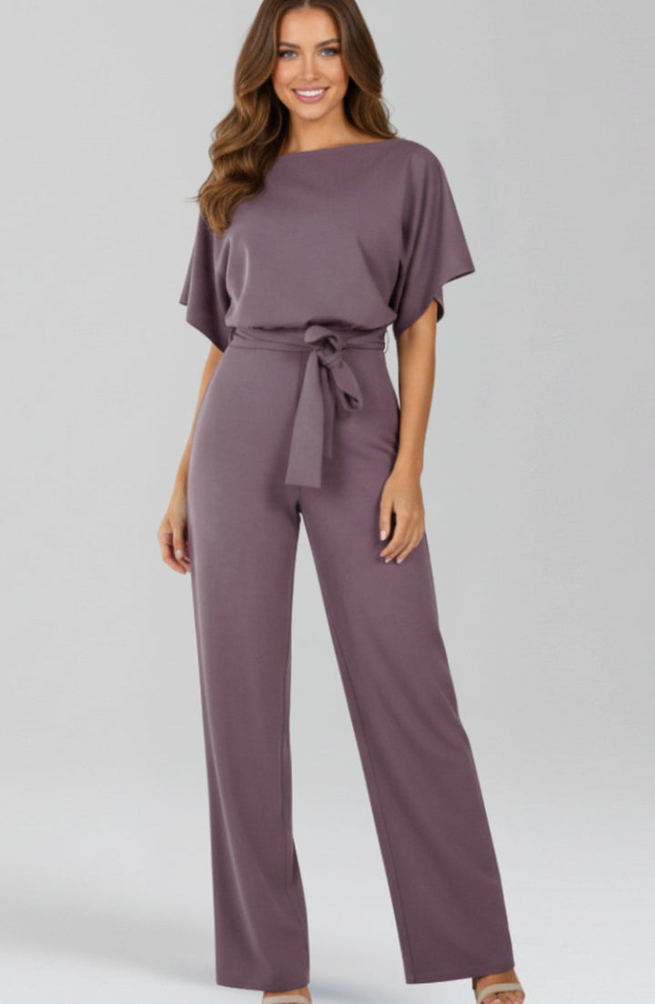 Women's Wide-Leg Tie-Belt Short-Sleeve Jumpsuit - Purple