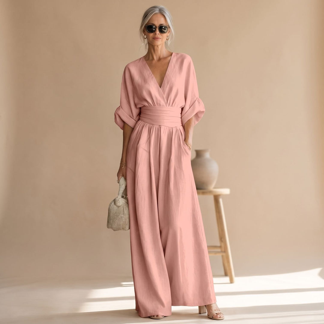 Women's Wide-Leg V-Neck Fitted-Waist Jumpsuit - Pink