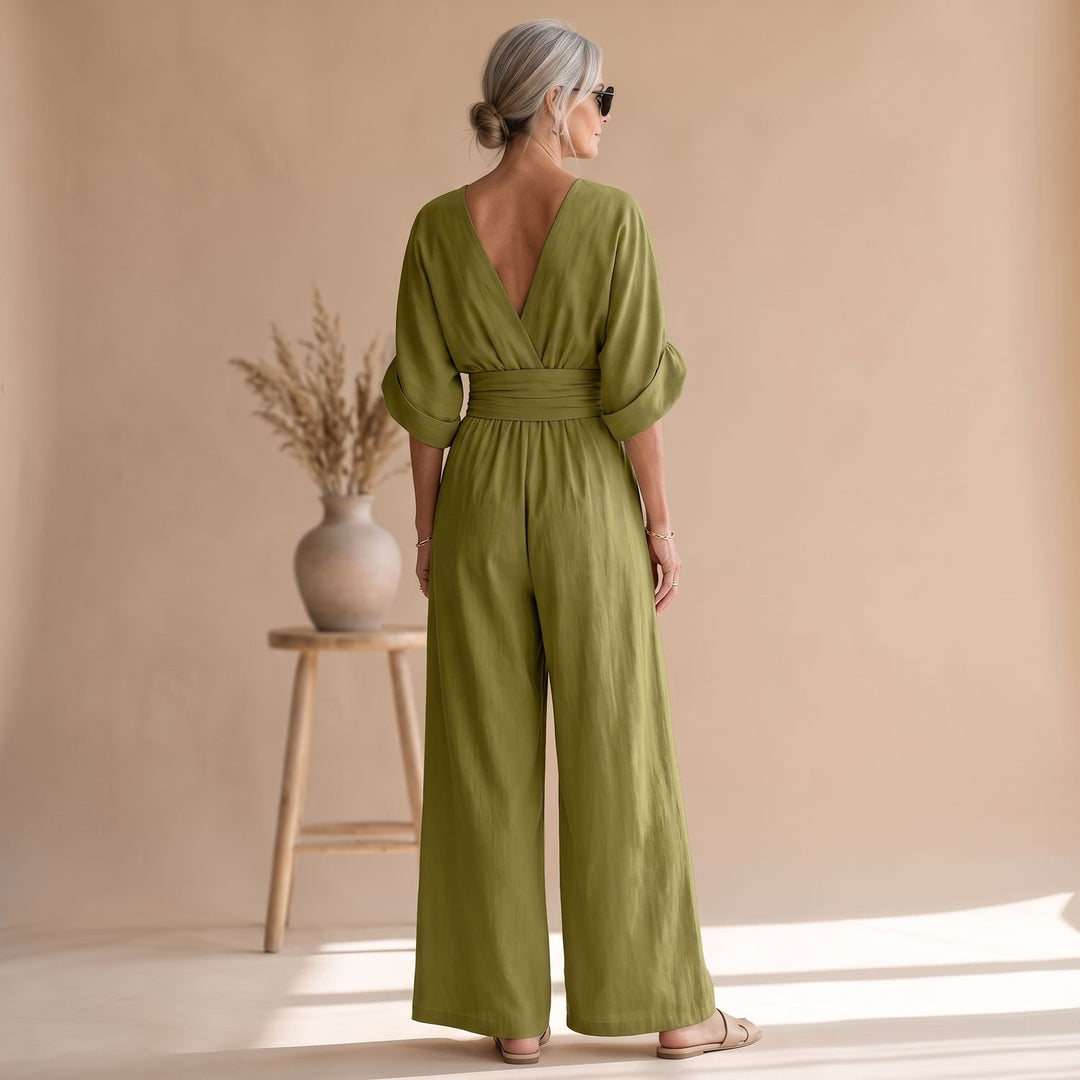 Women's Wide-Leg V-Neck Fitted-Waist Jumpsuit