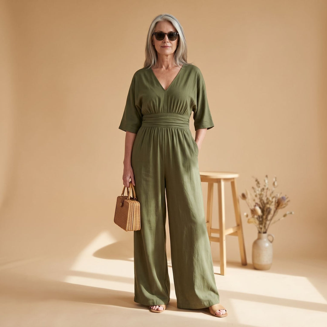 Women's Wide-Leg V-Neck Fitted-Waist Jumpsuit - Green