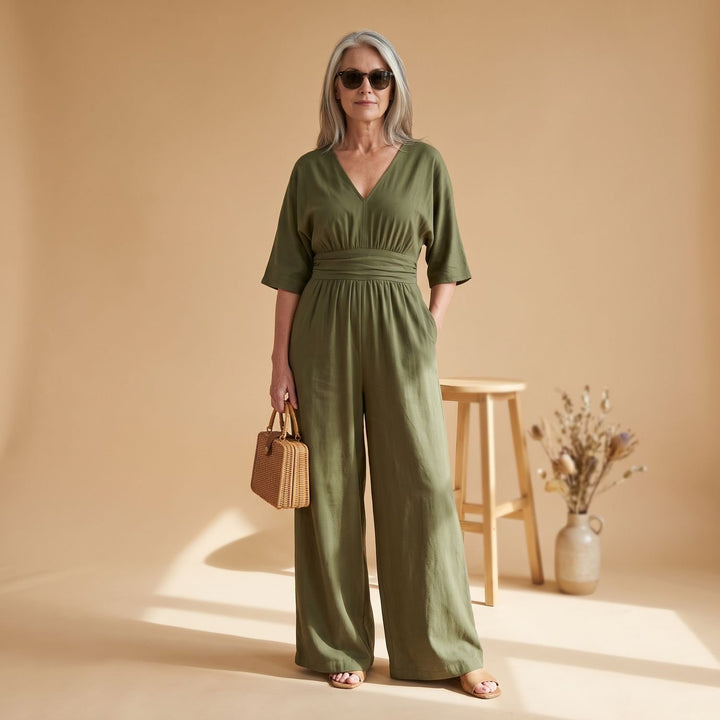 Women's Wide-Leg V-Neck Fitted-Waist Jumpsuit - Green
