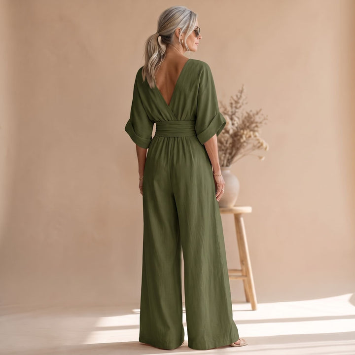Women's Wide-Leg V-Neck Fitted-Waist Jumpsuit