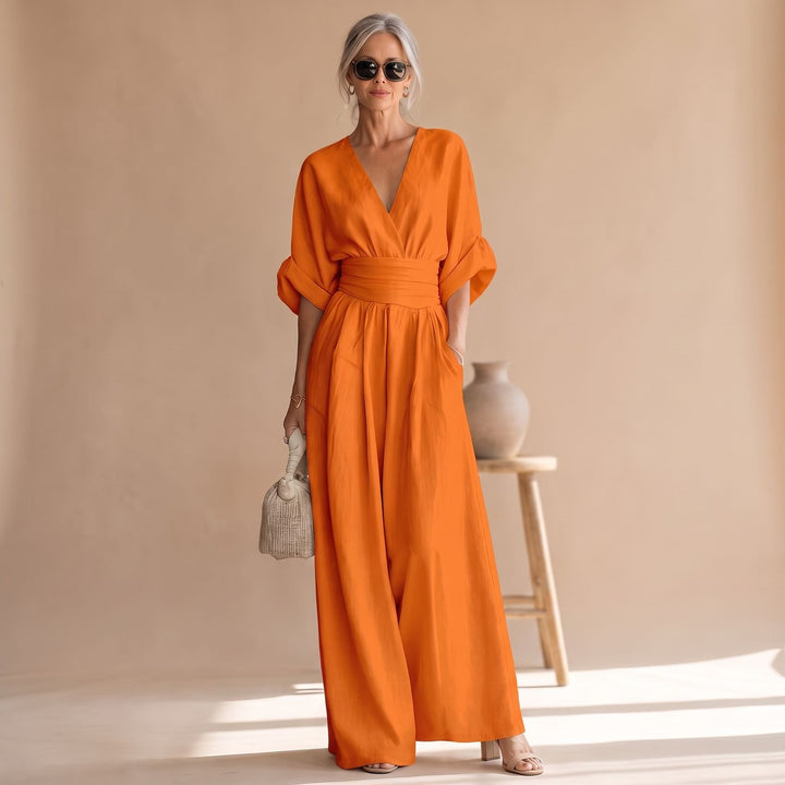 Women's Wide-Leg V-Neck Fitted-Waist Jumpsuit - Orange