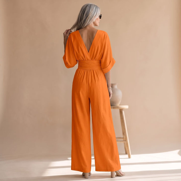 Women's Wide-Leg V-Neck Fitted-Waist Jumpsuit