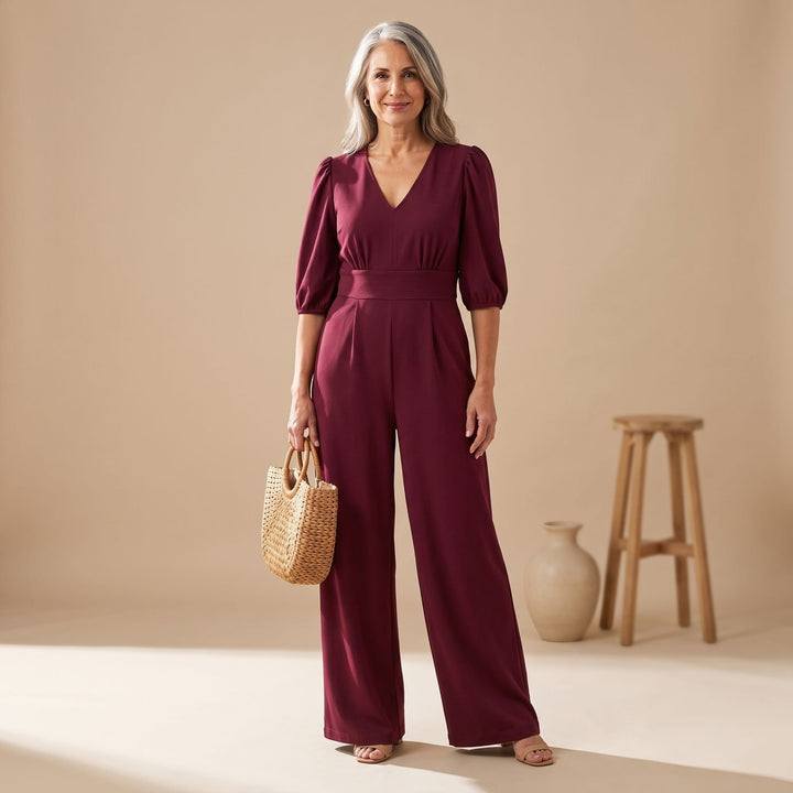 Women's Wide-Leg V-Neck Fitted-Waist Jumpsuit - Burgundy