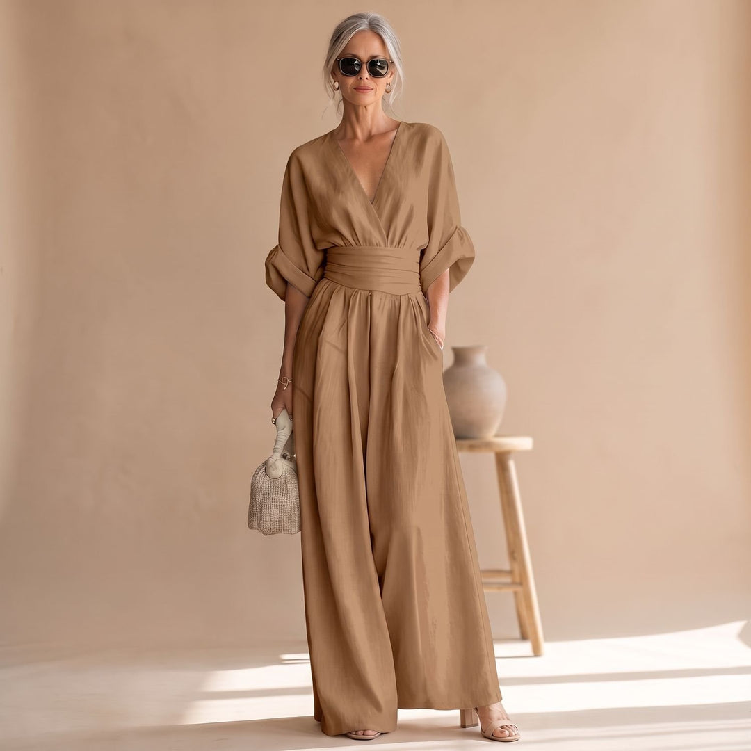 Women's Wide-Leg V-Neck Fitted-Waist Jumpsuit - Khaki