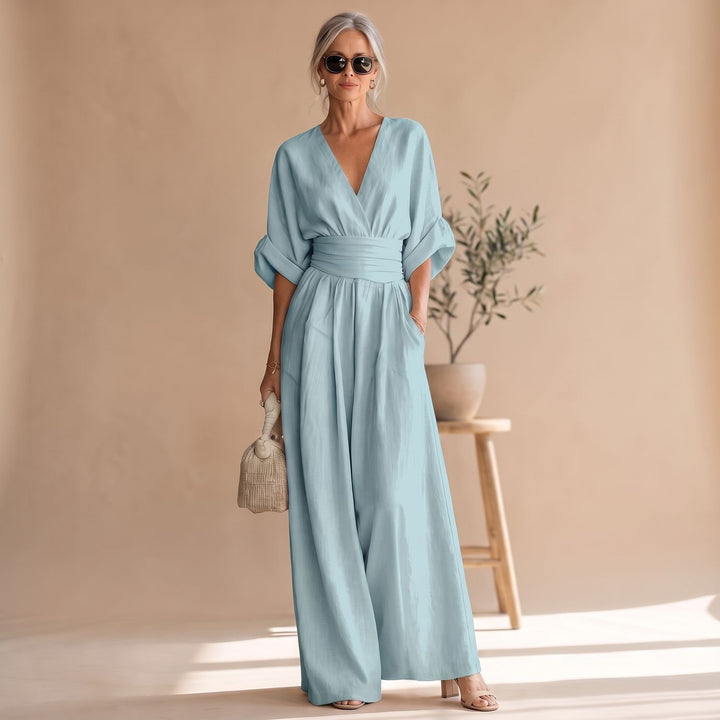 Women's Wide-Leg V-Neck Fitted-Waist Jumpsuit - Light Blue