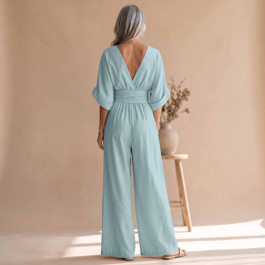 Women's Wide-Leg V-Neck Fitted-Waist Jumpsuit