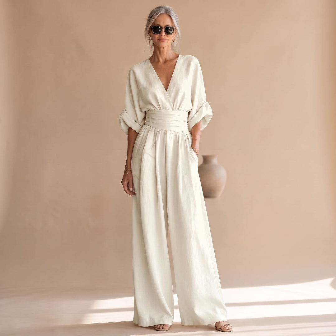 Women's Wide-Leg V-Neck Fitted-Waist Jumpsuit