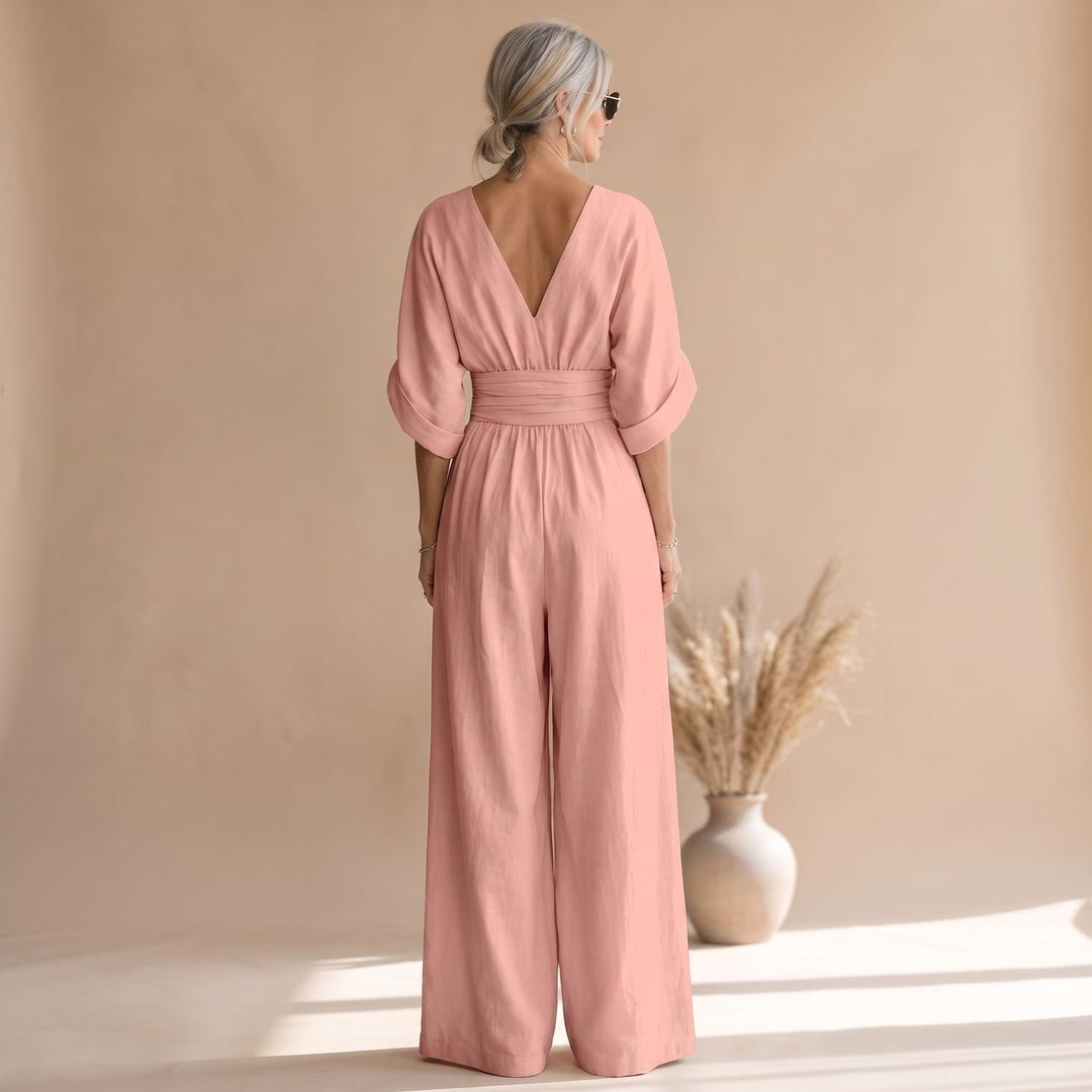 Women's Wide-Leg V-Neck Fitted-Waist Jumpsuit