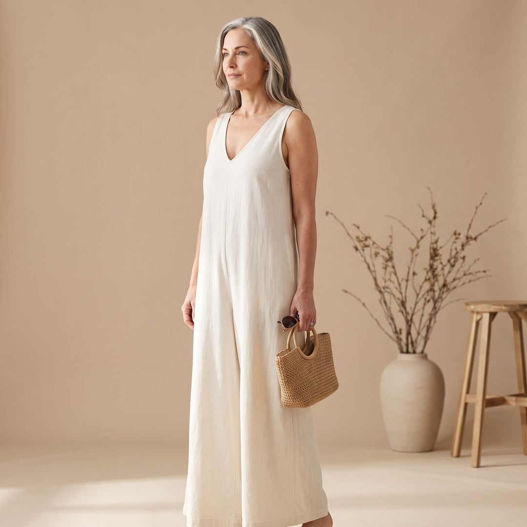 Women's Wide-Leg V-Neck Fitted-Waist Jumpsuit