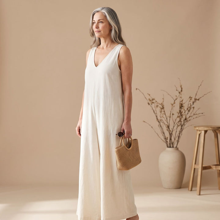Women's Wide-Leg V-Neck Fitted-Waist Jumpsuit