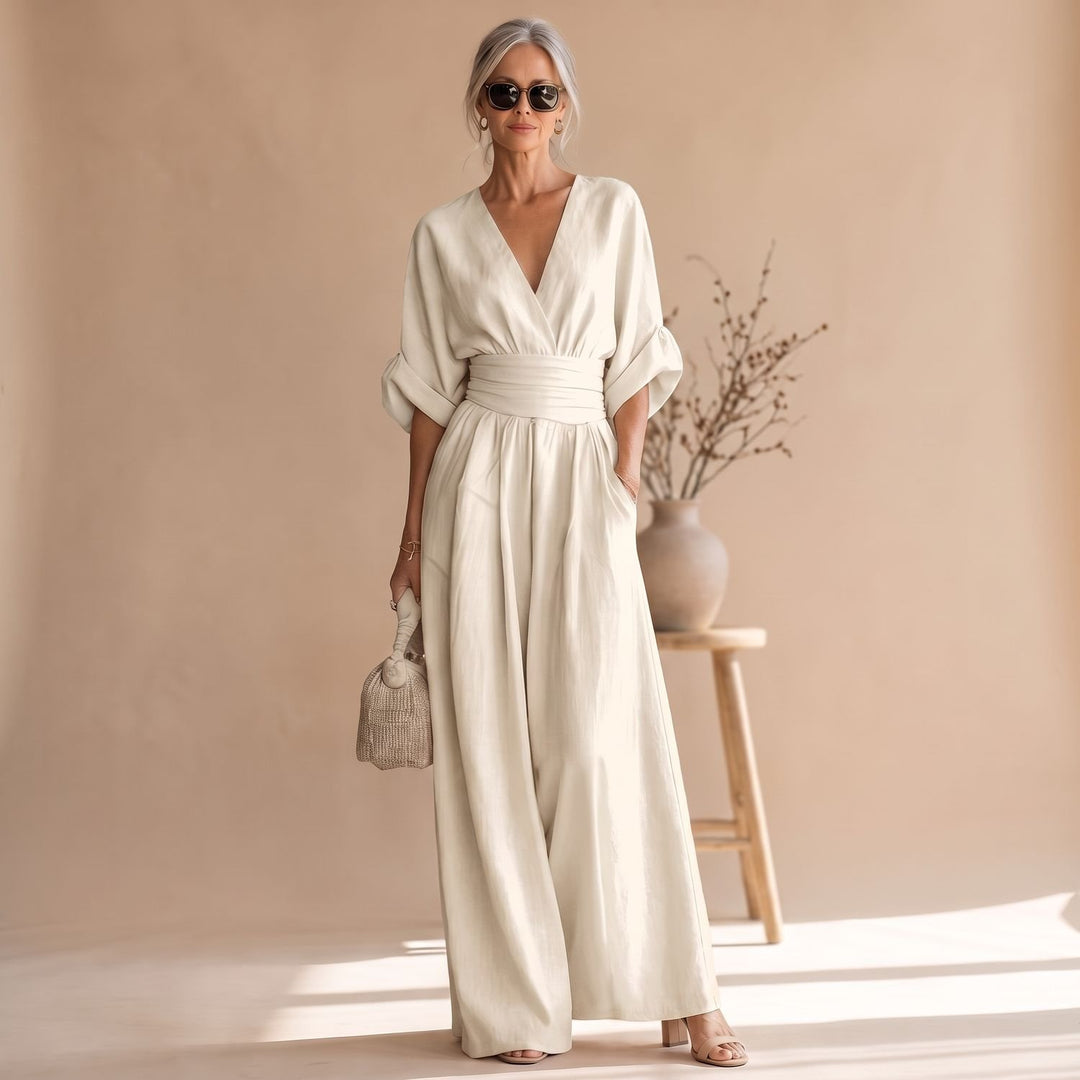 Women's Wide-Leg V-Neck Fitted-Waist Jumpsuit - White