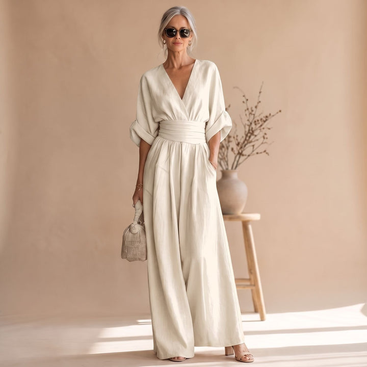 Women's Wide-Leg V-Neck Fitted-Waist Jumpsuit - White