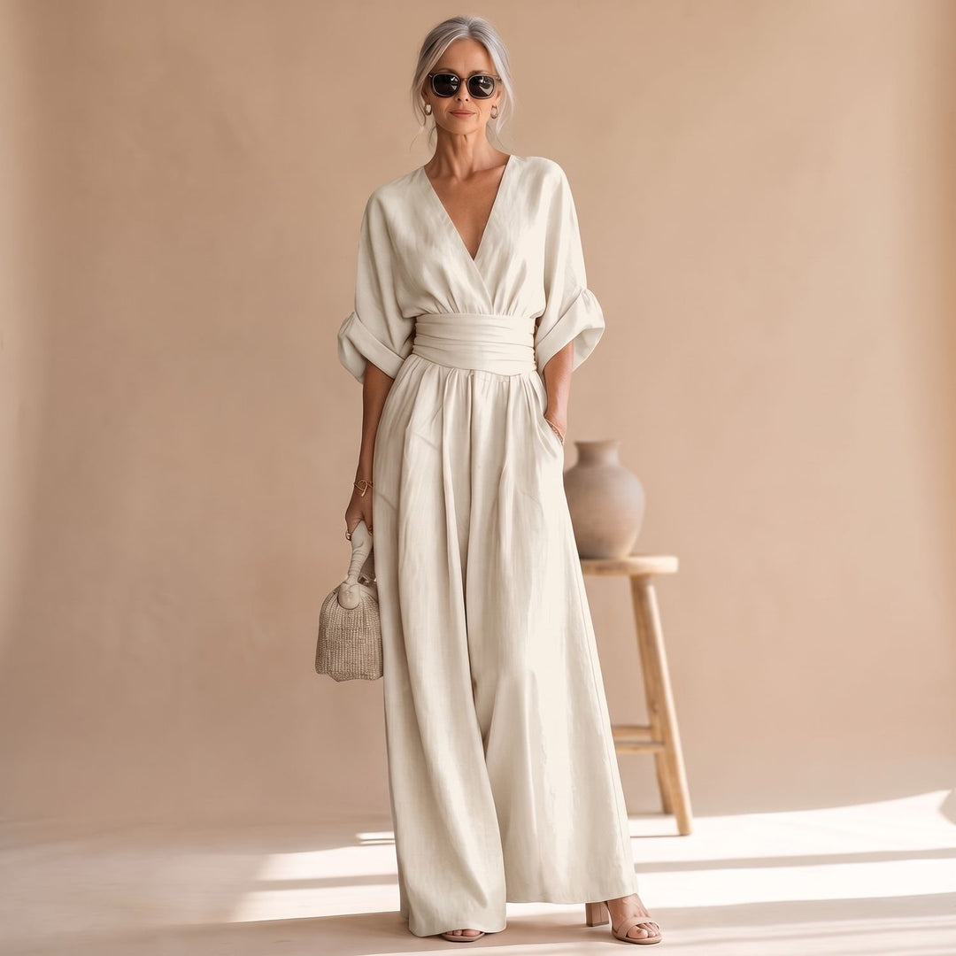 Women's Wide-Leg V-Neck Fitted-Waist Jumpsuit