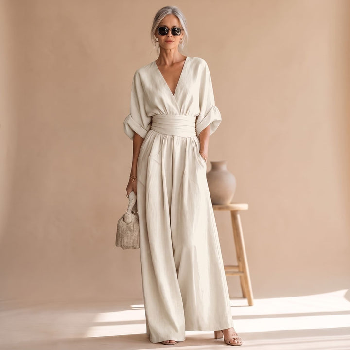 Women's Wide-Leg V-Neck Fitted-Waist Jumpsuit