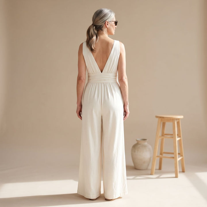 Women's Wide-Leg V-Neck Fitted-Waist Jumpsuit