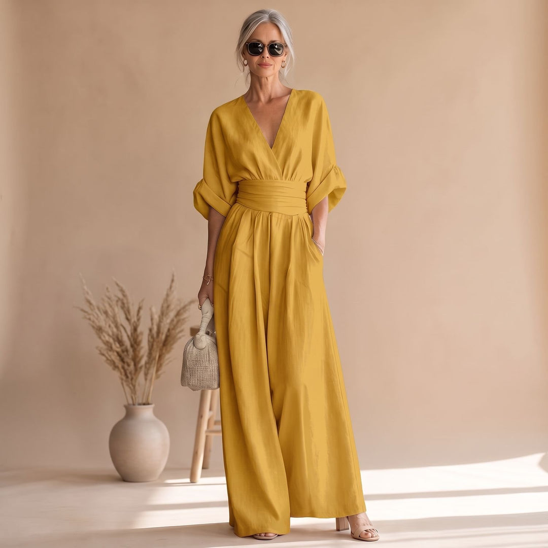 Women's Wide-Leg V-Neck Fitted-Waist Jumpsuit - Yellow