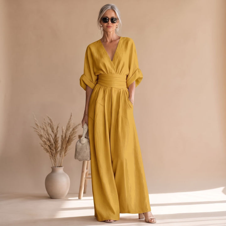 Women's Wide-Leg V-Neck Fitted-Waist Jumpsuit - Yellow