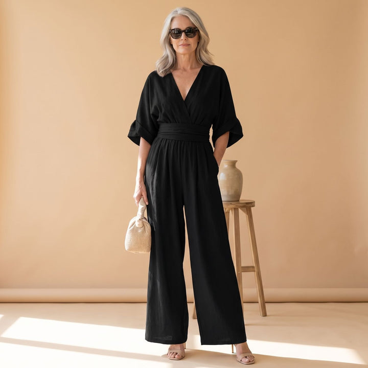 Women's Wide-Leg V-Neck Fitted-Waist Jumpsuit - Black
