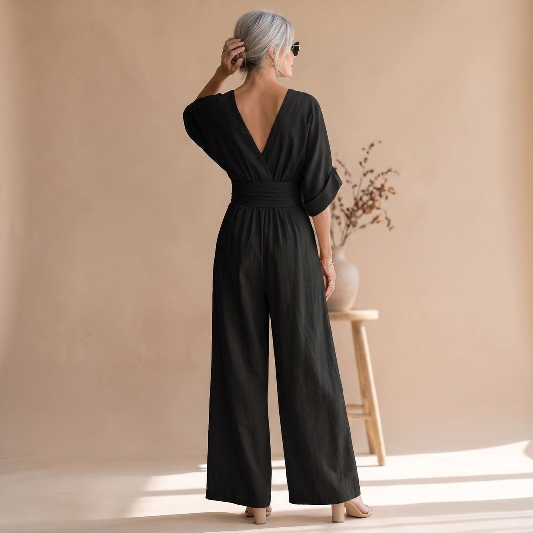 Women's Wide-Leg V-Neck Fitted-Waist Jumpsuit