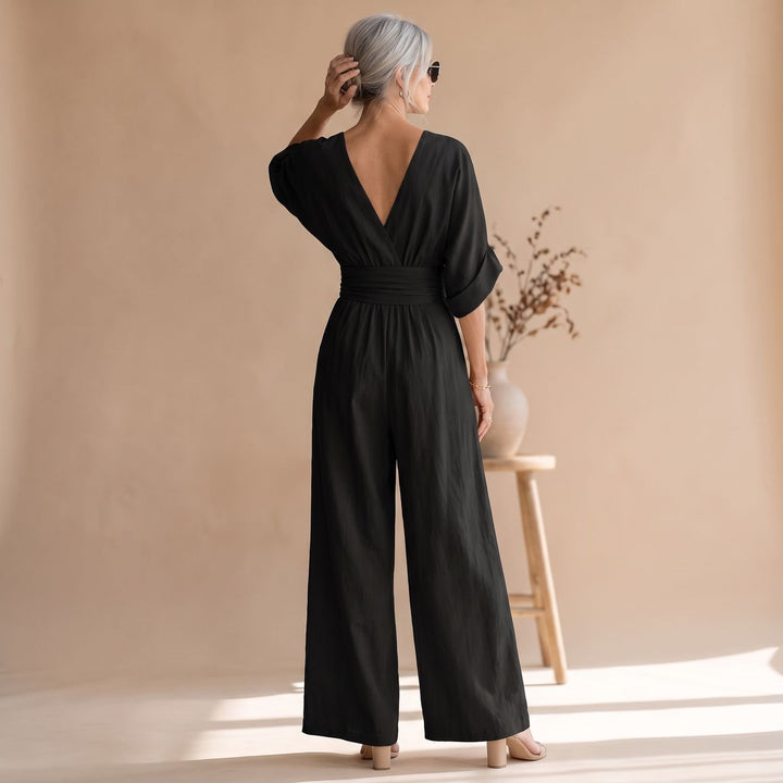 Women's Wide-Leg V-Neck Fitted-Waist Jumpsuit