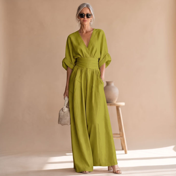 Women's Wide-Leg V-Neck Fitted-Waist Jumpsuit - Olive Green