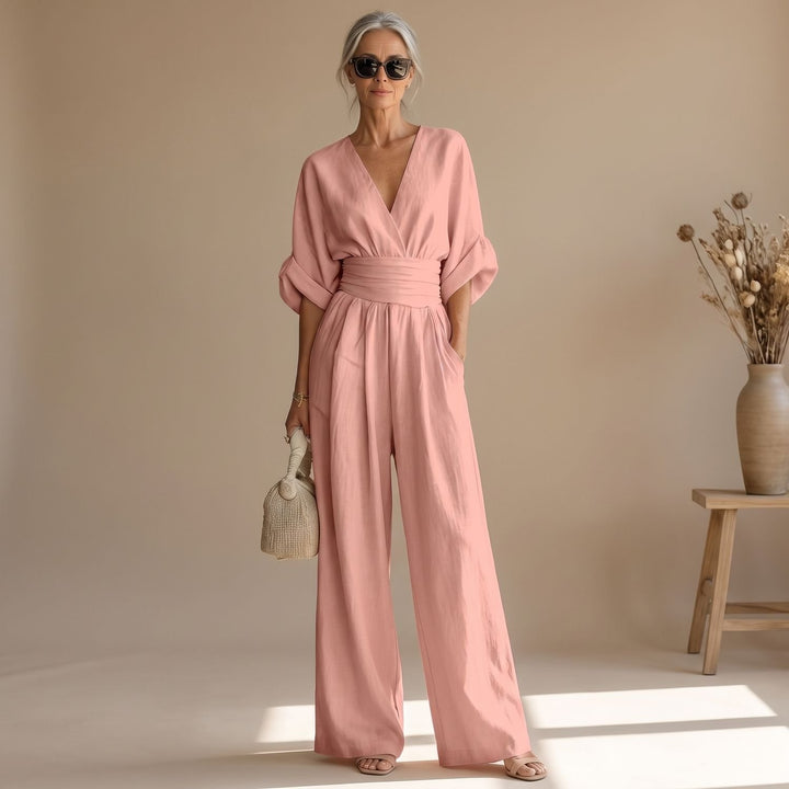 Women's Wide-Leg V-Neck Fitted-Waist Jumpsuit, Pink - Pink