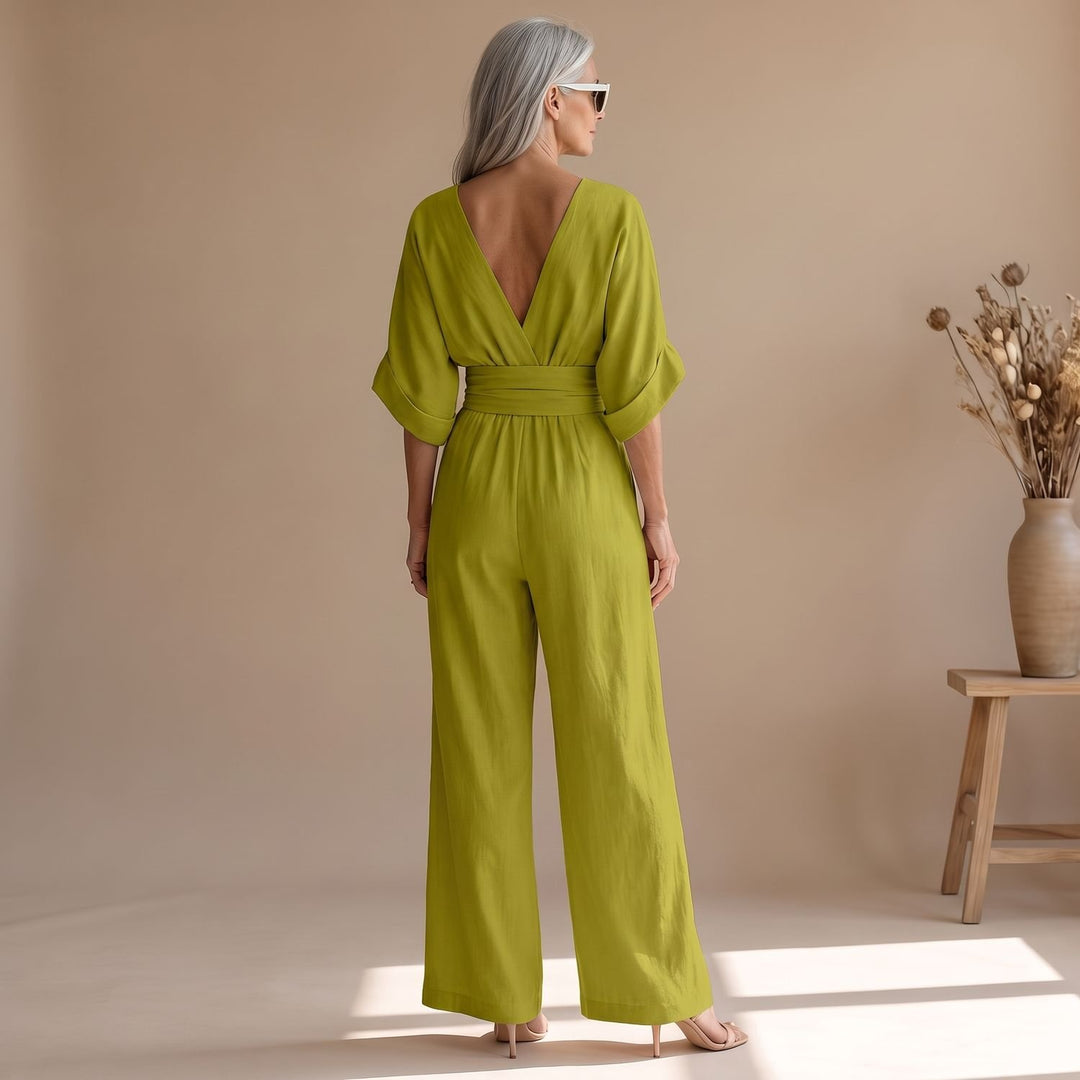 Women's Wide-Leg V-Neck Fitted-Waist Jumpsuit, Pink