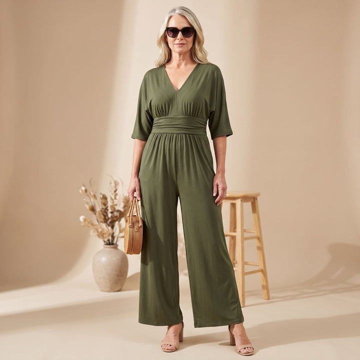 Women's Wide-Leg V-Neck Fitted-Waist Jumpsuit, Pink - Green