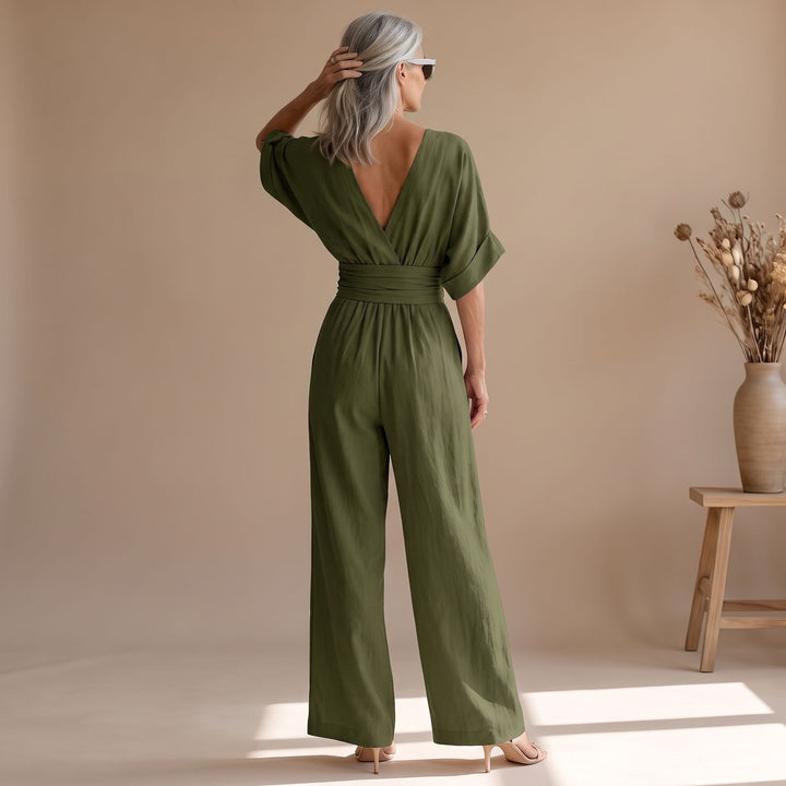 Women's Wide-Leg V-Neck Fitted-Waist Jumpsuit, Pink
