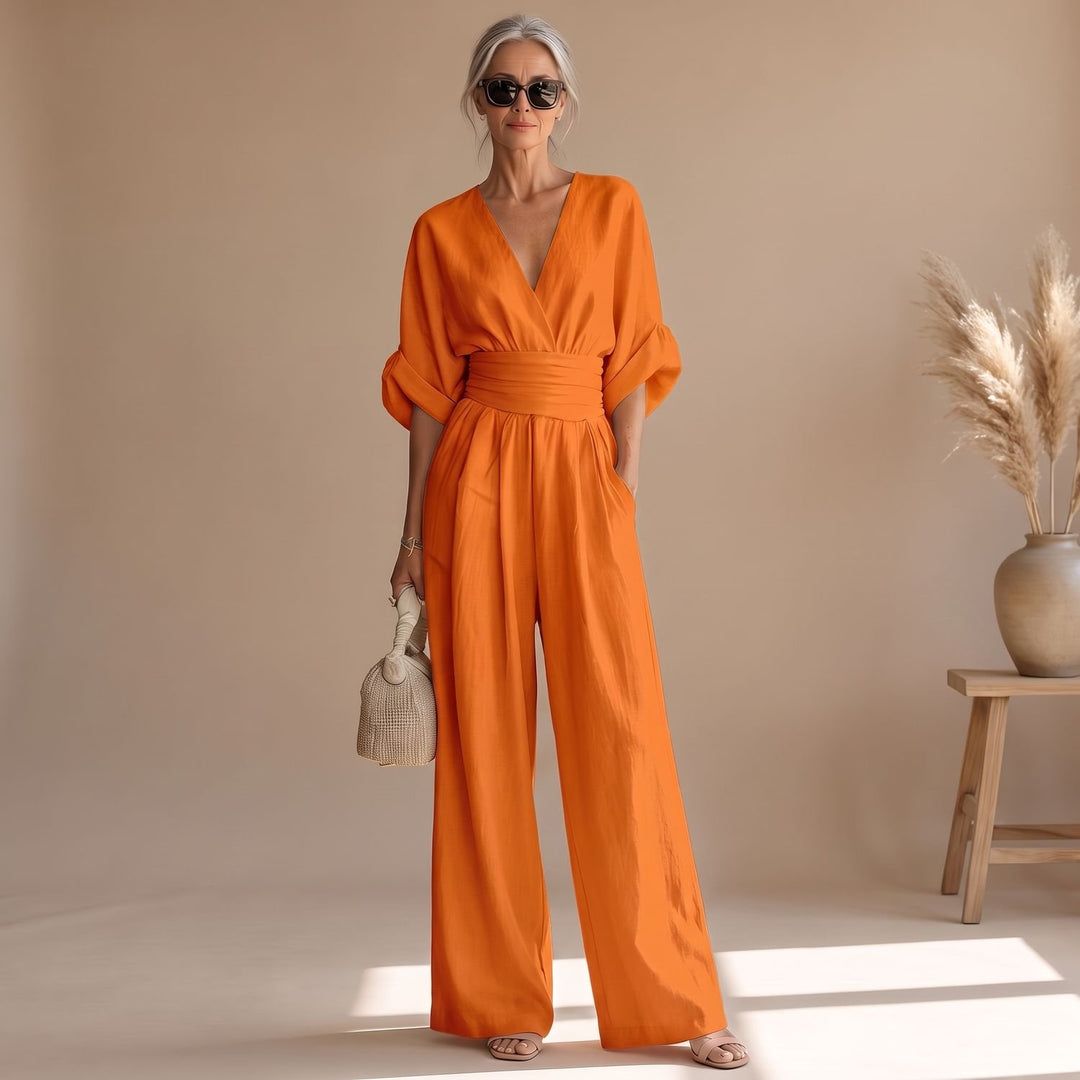 Women's Wide-Leg V-Neck Fitted-Waist Jumpsuit, Pink - Orange