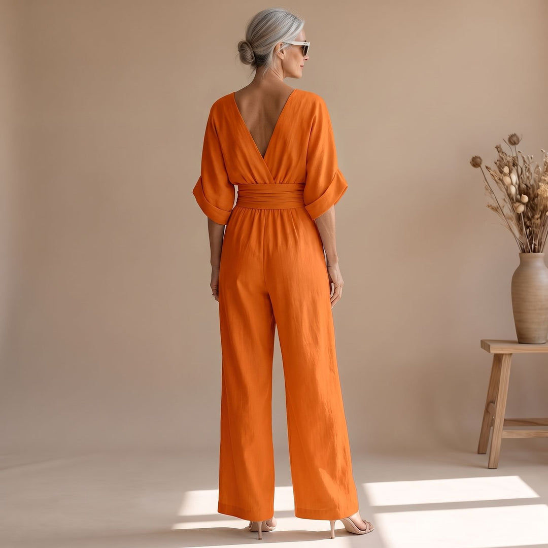 Women's Wide-Leg V-Neck Fitted-Waist Jumpsuit, Pink