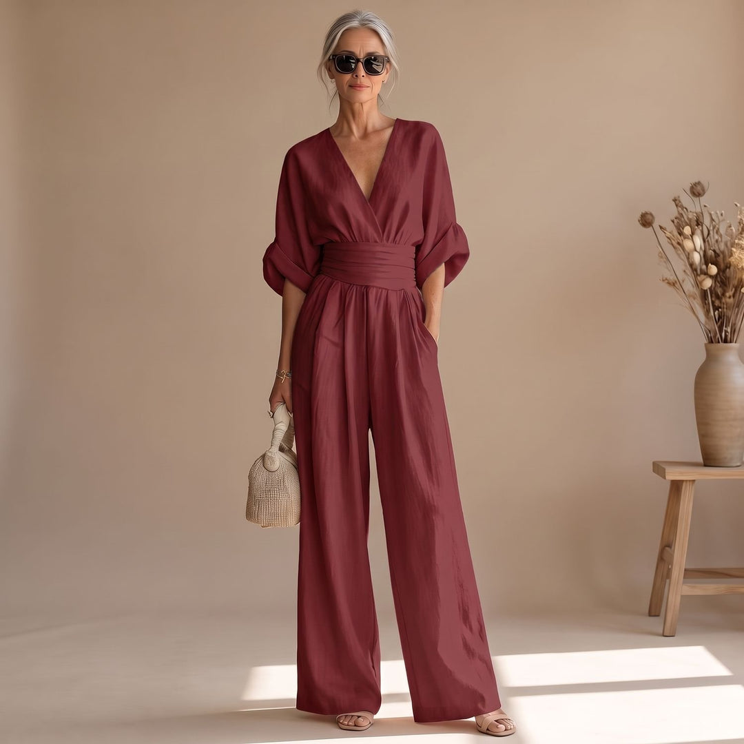 Women's Wide-Leg V-Neck Fitted-Waist Jumpsuit, Pink - Burgundy