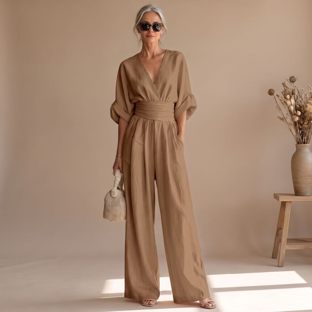 Women's Wide-Leg V-Neck Fitted-Waist Jumpsuit, Pink - Khaki