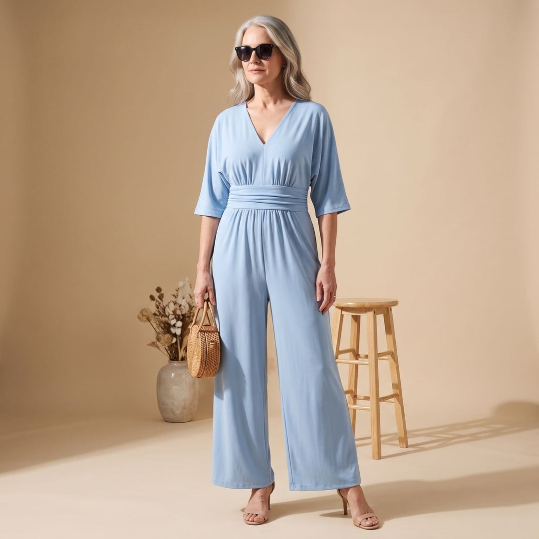Women's Wide-Leg V-Neck Fitted-Waist Jumpsuit, Pink - Light Blue