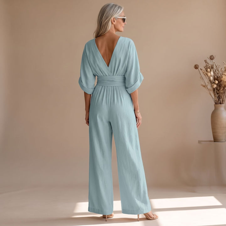 Women's Wide-Leg V-Neck Fitted-Waist Jumpsuit, Pink