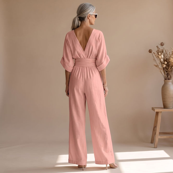 Women's Wide-Leg V-Neck Fitted-Waist Jumpsuit, Pink