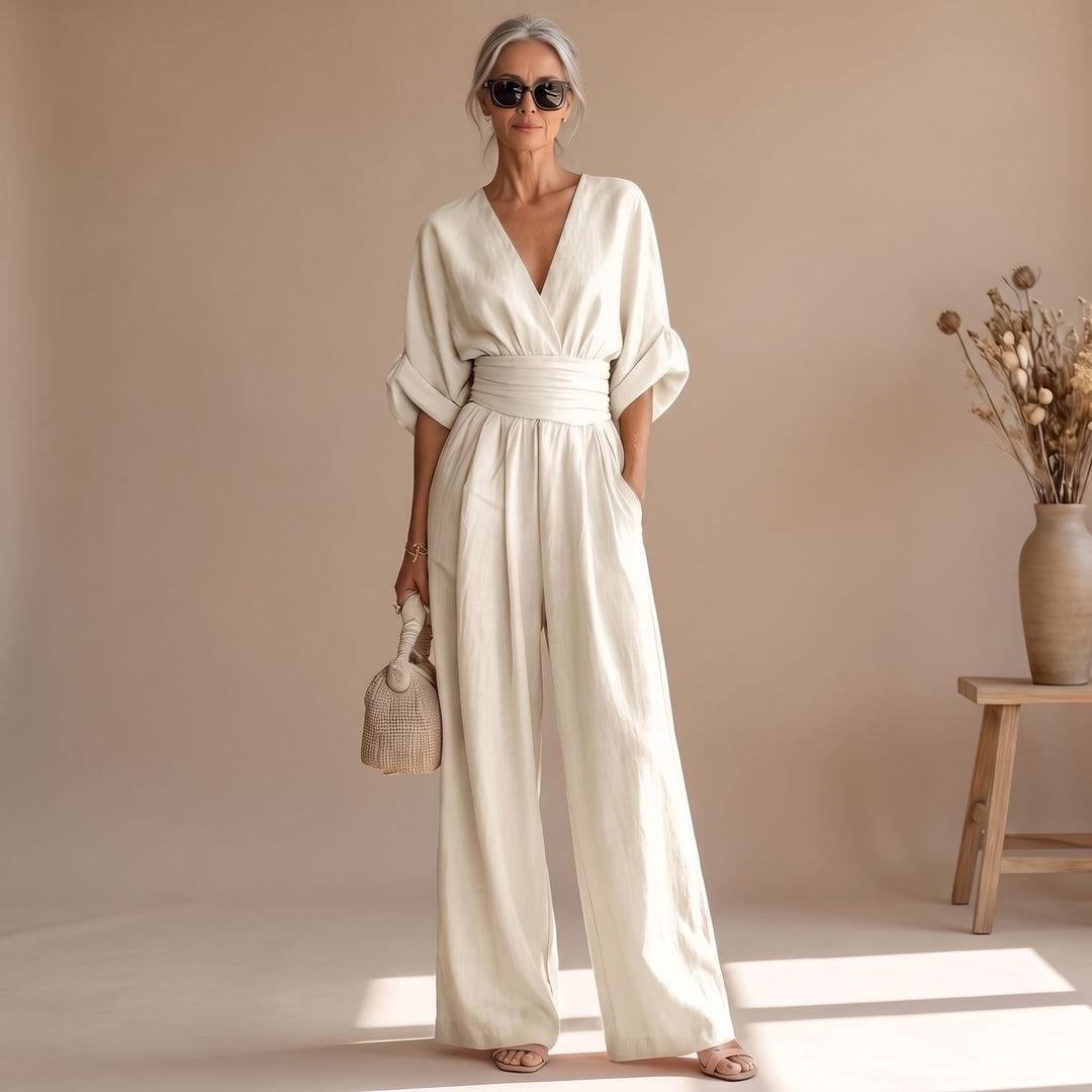 Women's Wide-Leg V-Neck Fitted-Waist Jumpsuit, Pink - White